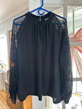 white birch Black Lace-Sleeve High Neck Blouse